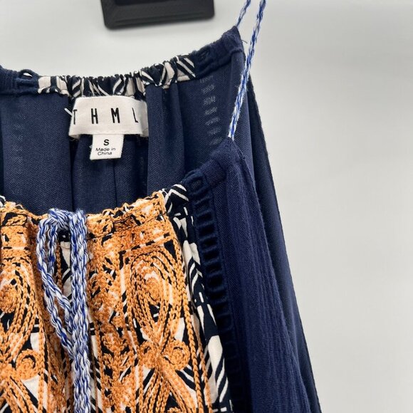 THML Women's Mini Shift Dress Halter Neck Navy/Multi Size Small Tassels - Picture 4 of 9